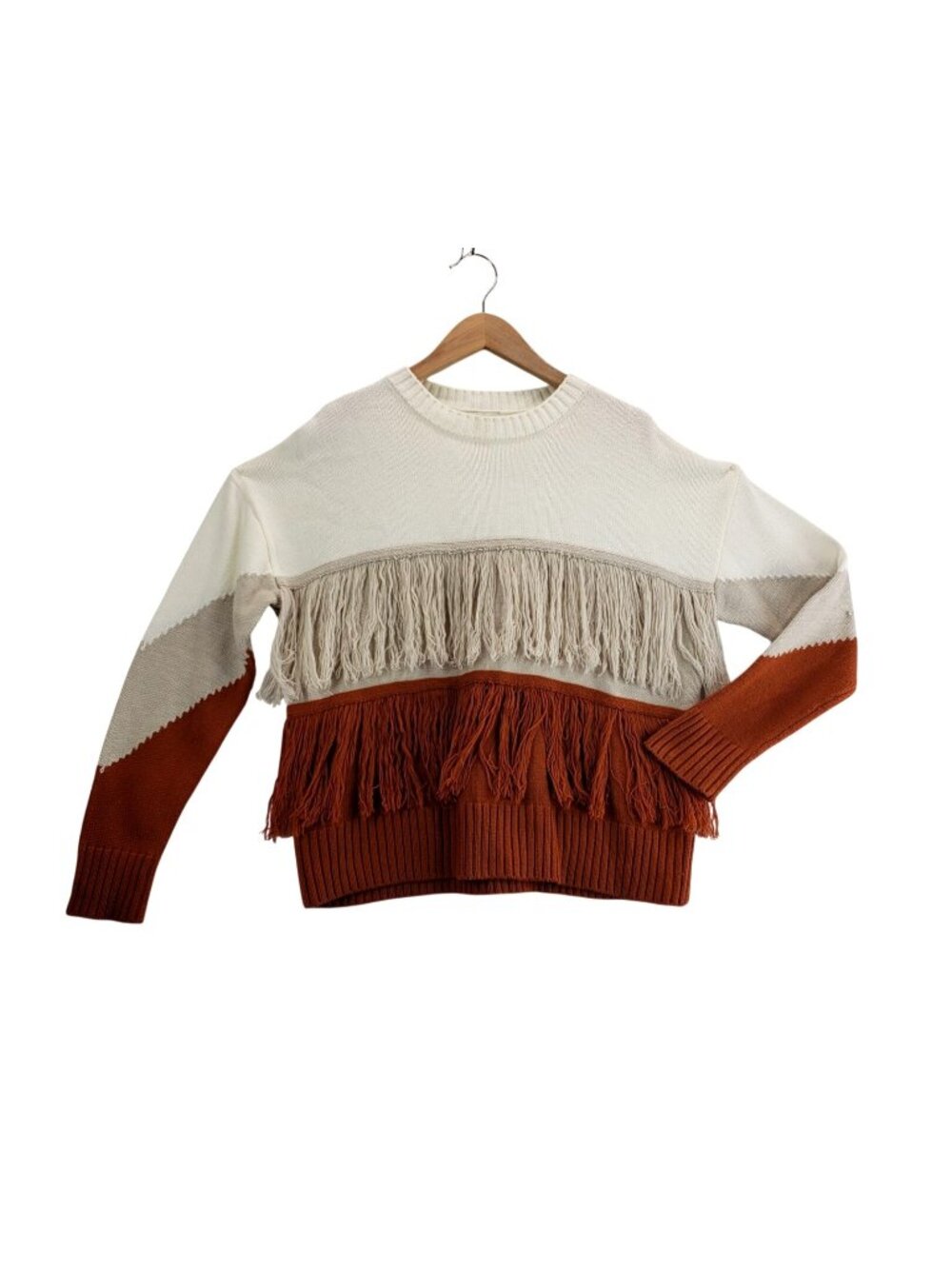 Colorblock Sweater Rust Cream L est1946 Layered Fringe Southwestern Cowgirl